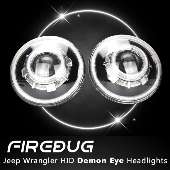 Firebug 7 Inch LED Headlight with Halos & RGB Demon Eye for  Wrangler,JK, TJ, LJ, CJ, 2Pcs
