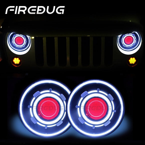 Firebug 7 Inch LED Headlights with Halo Blue Angel Eye & Red Demon Eye for JK TJ LJ CJ  , 2Pcs