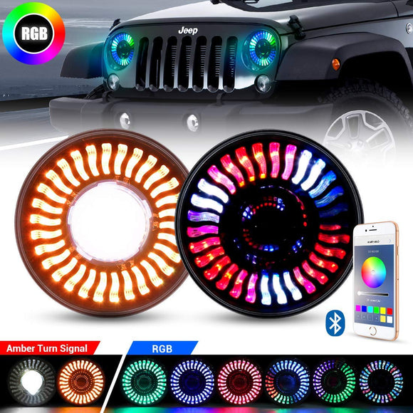 RGB Led Headlights 7 Inch Round for Wrangler 1997-2018 JK TJ LJ Black